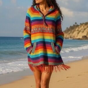 Alpaca Rainbow Fringe Hoodie Sweater Boho Womens Sz M Hippie Summer Coastal